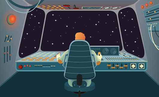 The astronaut of the spacecraft on back view, sitting in the chair and controlling the space vehicle with various buttons and levers on the control panel