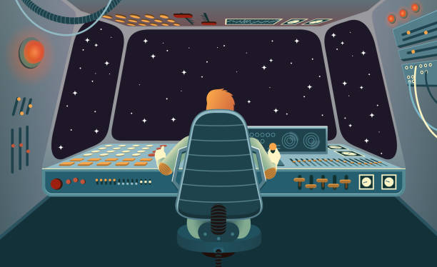 Spacecraft cabin with astronauts behind the control panel The astronaut of the spacecraft on back view, sitting in the chair and controlling the space vehicle with various buttons and levers on the control panel spaceship stock illustrations