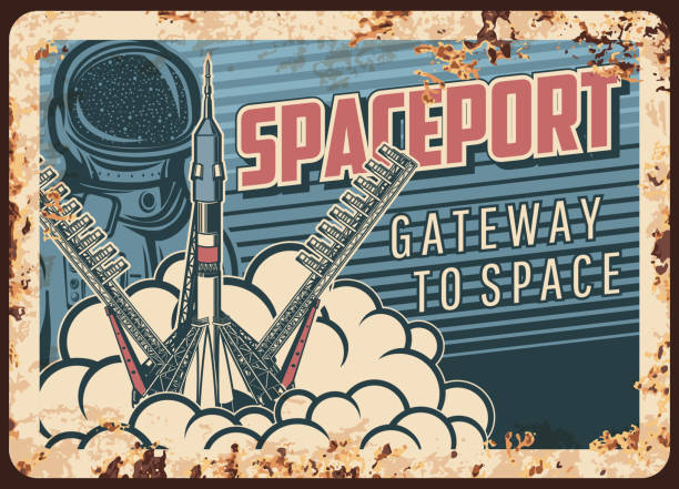 Spaceport vector rusty metal plate rocket take off Spaceport vector rusty metal plate. Rocket take off from cosmodrome. Outer space exploration vintage rust tin sign. Cosmonaut explore galaxy and universe. Spaceship flying out of Earth retro poster spaceport stock illustrations