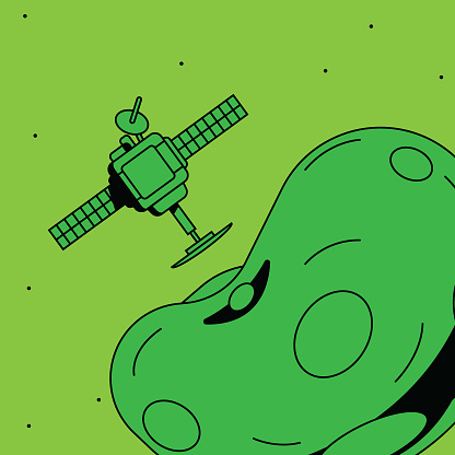Space-probe performing an approach maneuver near an asteroid to collect samples and return to earth. Flat and bold design with bright monochrome colors and sharp black shadows. Lime green.