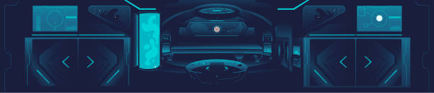 raumschiff-banner - dunkelblaues interor der raumstation mit futuristischer technologie - eingangshalle wohngebäude innenansicht stock-grafiken, -clipart, -cartoons und -symbole