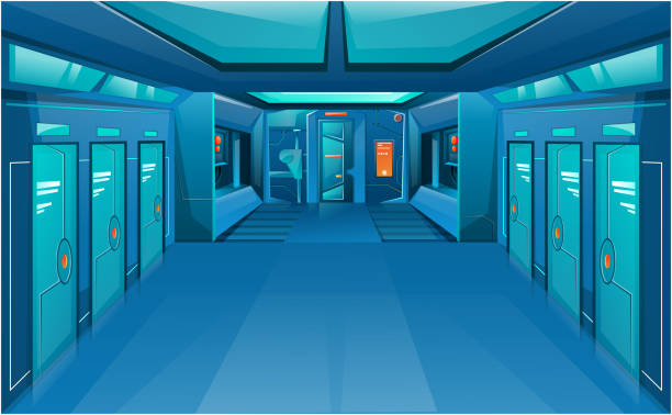 Spaceship corridor hallway. Futuristic interior room with door. Background for games and mobile applications. Vector cartoon background Spaceship hallway. Futuristic interior room with door. Background for games and mobile applications. Vector cartoon background laboratory backgrounds stock illustrations
