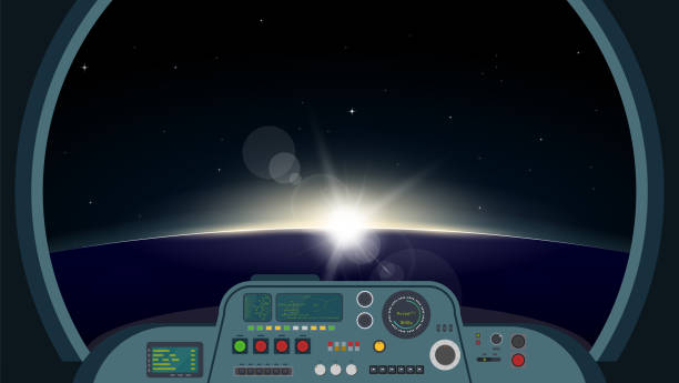 Spaceship interior view Inside spaceship view. Space futuristic ship interior with control panel with buttons, lights and monitors. View on planet on orbit with sunrise through main window. Spaceship vector illustration. control panel illustrations stock illustrations