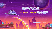 Spaceship mobile game website with rocket on universe background. 2d arcade videogame for play on phone. Vector landing page with cartoon space ship, galaxy, planets, platforms and golden coins