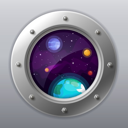 Spaceship window view. Porthole from rocket to dark sky with Earth, stars, planets. Spaceship exploration.