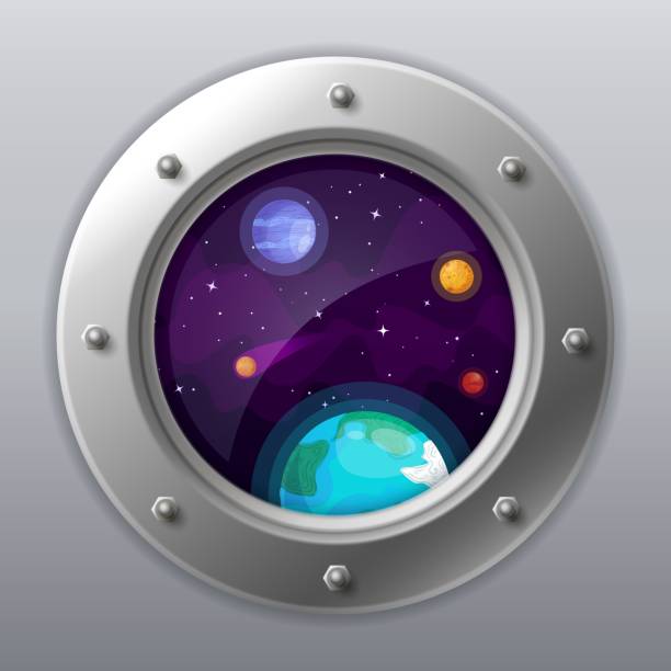 Spaceship window view. Porthole from rocket to dark sky with Earth, stars, planets. Spaceship exploration. Spaceship window view. Porthole from rocket to dark sky with Earth, stars, planets. Shuttle with round glass window. Spaceship exploration or universe traveling cartoon vector illustration. rocketship borders stock illustrations