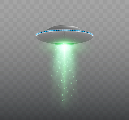 UFO spaceship with light beam isolated on transparent background. Vector illustration