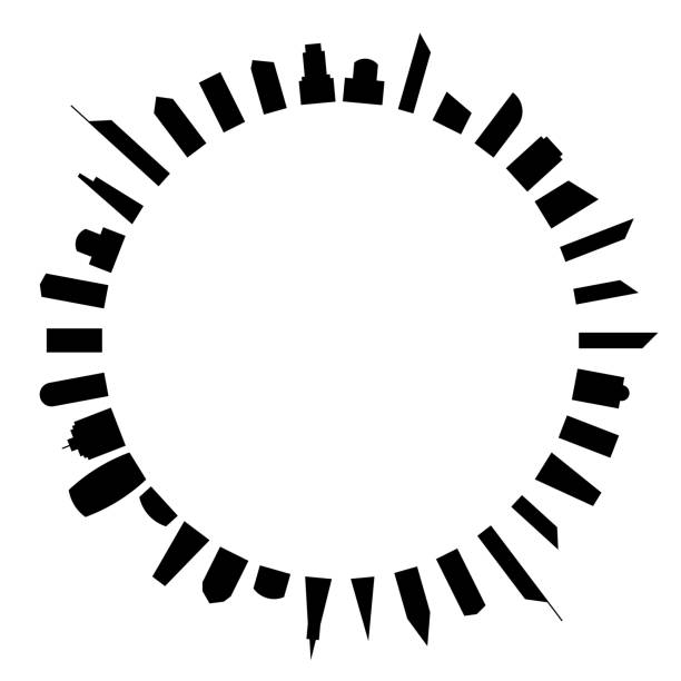 spaciges schwarzes rundes stadtbild um den kopierraum auf weiß - olaser stock-grafiken, -clipart, -cartoons und -symbole