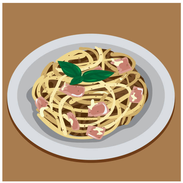 stockillustraties, clipart, cartoons en iconen met spaghetti carbonara illustration, sprinkled with ham, beautifully arranged leaves, pepper, sauce, mayonnaise, delicious, placed in a plate, with brown background. - kruidnoten