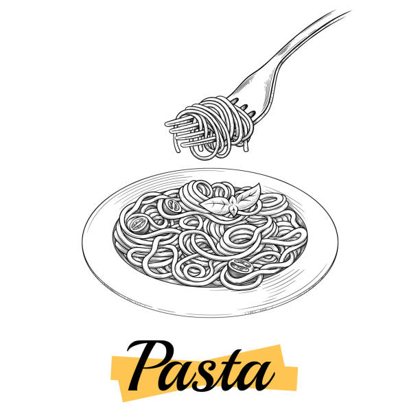 Spaghetti on a plate, fork with spaghetti Vector vintage black engraving isolated on a white background. Italian pasta. A hand-drawn design element for the menu. Contour, mascara. Vector illustration pasta drawings stock illustrations