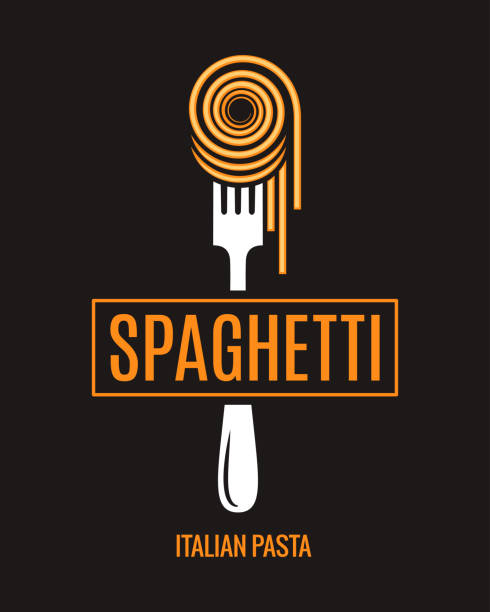 Spaghetti on fork design. Italian pasta logo on black background Spaghetti on fork design. Italian pasta logo on black background 8 eps pasta backgrounds stock illustrations