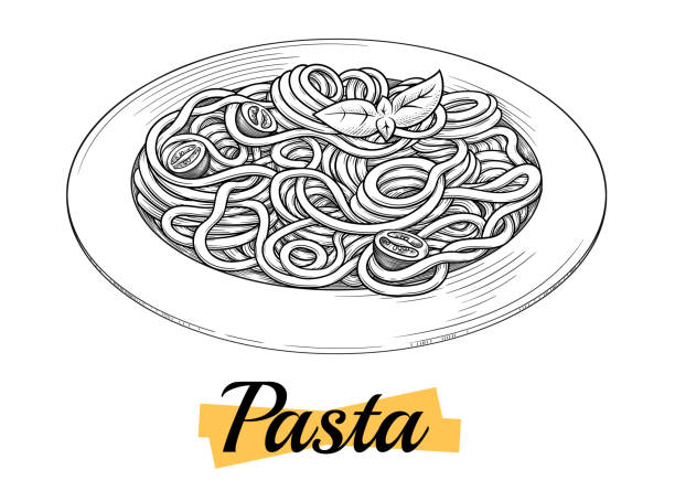 Spaghetti on plate. Vector vintage black engraving isolated on white background. Hand drawn design element for menu. Outline, ink. parmesan cheese illustrations stock illustrations