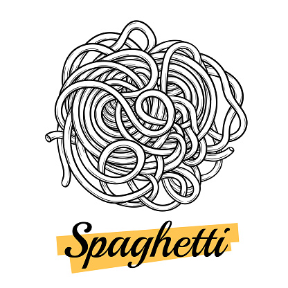 Spaghetti pasta or Oriental noodles. Traditional Italian or ramen. Hand-drawn style of engraving, ink, outline.