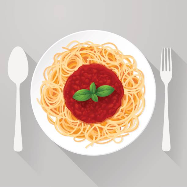 ilustrações de stock, clip art, desenhos animados e ícones de spaghetti pasta with tomato sauce and basil - noodles