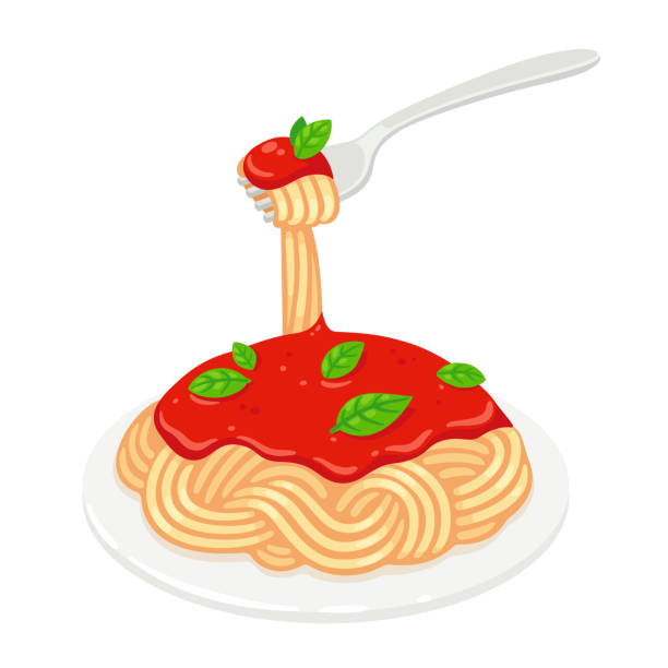 Spaghetti with tomato sauce Spaghetti with tomato sauce and basil. Classic Italian pasta dish vector clip art illustration. pasta clipart stock illustrations