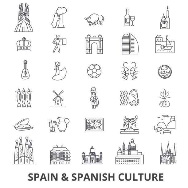 스페인, 바르셀로나, 마드리드, 스페인, 플 라 멩 코, mediterrian 라인 아이콘. 편집 가능한 스트로크입니다. 평면 디자인 벡터 그림 기호 개념입니다. 선형 신호 절연 - barcelona stock illustrations
