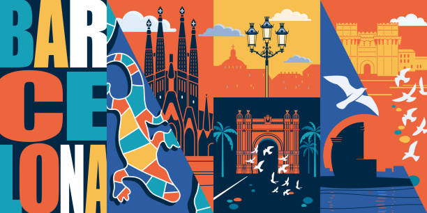 spanien, katalonien vektor skyline illustration, postkarte. reisen sie nach barcelona moderne flache grafik-design-element - barcelona stock-grafiken, -clipart, -cartoons und -symbole