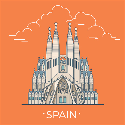 Spain country design template. Linear Flat famous historic sight; cartoon style web site vector illustration. World travel and showplace in Europe, European vacation collection.