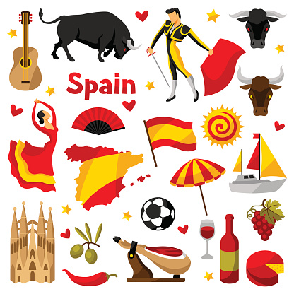 Spain icons set. Spanish traditional symbols and objects