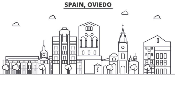 Spain, Oviedo architecture line skyline illustration. Linear vector cityscape with famous landmarks, city sights, design icons. Landscape wtih editable strokes Spain, Oviedo architecture line skyline illustration. Linear vector cityscape with famous landmarks, city sights, design icons. Editable strokes romanesque stock illustrations
