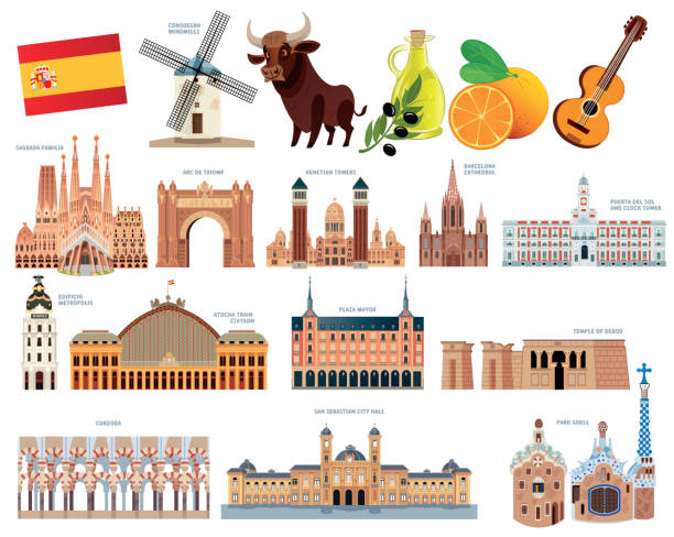 stockillustraties, clipart, cartoons en iconen met spanje symbolen - barcelona