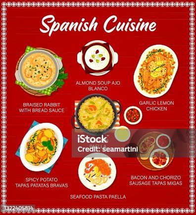 istock Spanish cuisine vector menu food dishes of Spain 1322405814