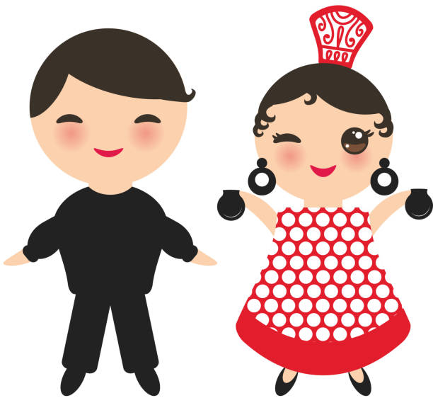 bildbanksillustrationer, clip art samt tecknat material och ikoner med spanska flamencodansare. kawaii söta ansikte med rosa kinder och blinkande ögon. gipsy flicka och pojke, röd svart vit klänning, prickiga tyg, isolerade på vit bakgrund. vektor - kastanjetter