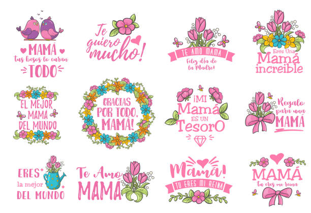 Spanish mother day greeting Spanish mother day greeting. Sweet floral message with happy wishes and dia mama thanks, card to express gratitude, love and reverence on beautiful holiday. Vector flat style cartoon illustration quotes about family love stock illustrations