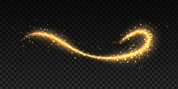 Sparkle stardust. Christmas shining light effects on black background, golden glowing stars, wave of twinkle particles, magical trail vector yellow glitter dust motion illustration