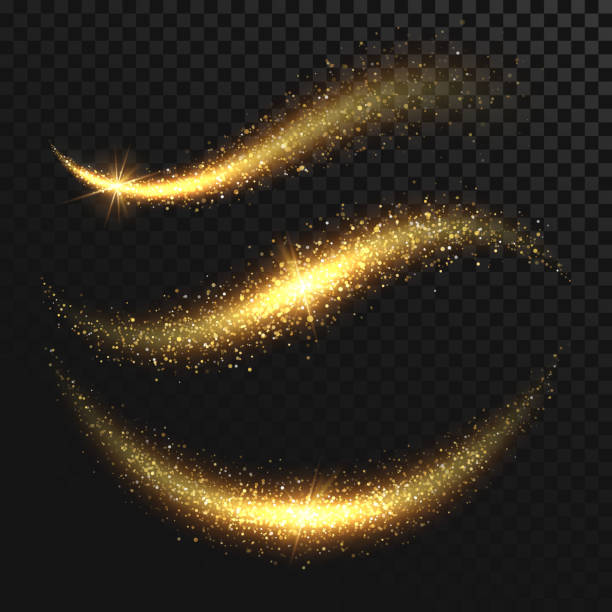 funkeln sie sternenstaub. golden glitzernden magische vektor-wellen mit goldpartikeln auf schwarzem hintergrund isoliert - hell leuchtkraft stock-grafiken, -clipart, -cartoons und -symbole