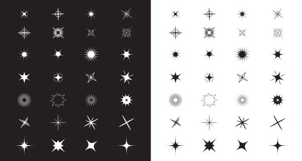 sparkles stars işaret sembolü seti. sevimli şekil koleksiyonu. noel dekorasyon unsuru. siyah beyaz arka plan. düz tasarım. - sparks stock illustrations