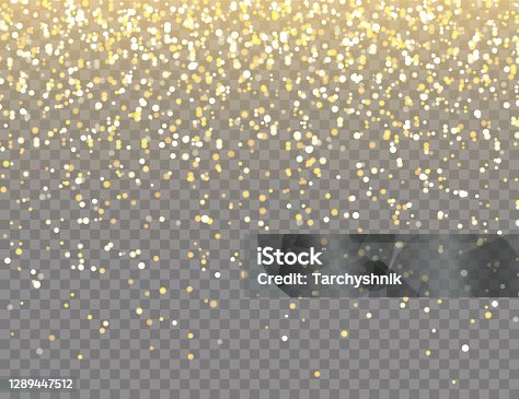 istock Sparkling Golden Glitter with Bokeh Lights on Transparent Vector Background. Falling Shiny Confetti with Gold Shards. Shining Light Effect for Christmas or New Year Greeting Card 1289447512