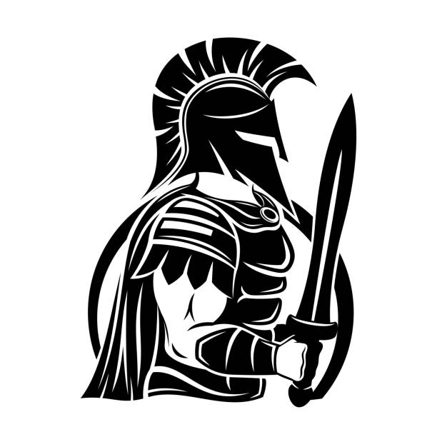ilustraciones, imágenes clip art, dibujos animados e iconos de stock de signo espartano con espada y escudo. - warriors