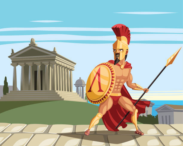 Spartan warrior and ancient Greek temple in background Spartan warrior and ancient Greek temple in background laconia greece stock illustrations