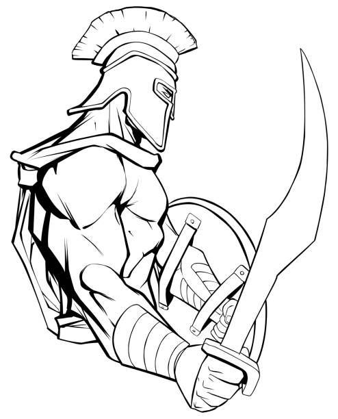 Spartan Warrior Mascot Line art illustration of Spartan warrior holding sword and ready for battle. ares god of war stock illustrations