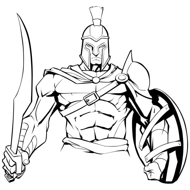 Spartan Warrior Mascot Line art illustration of Spartan warrior holding sword and shield, ready for battle. images of ares god of war stock illustrations