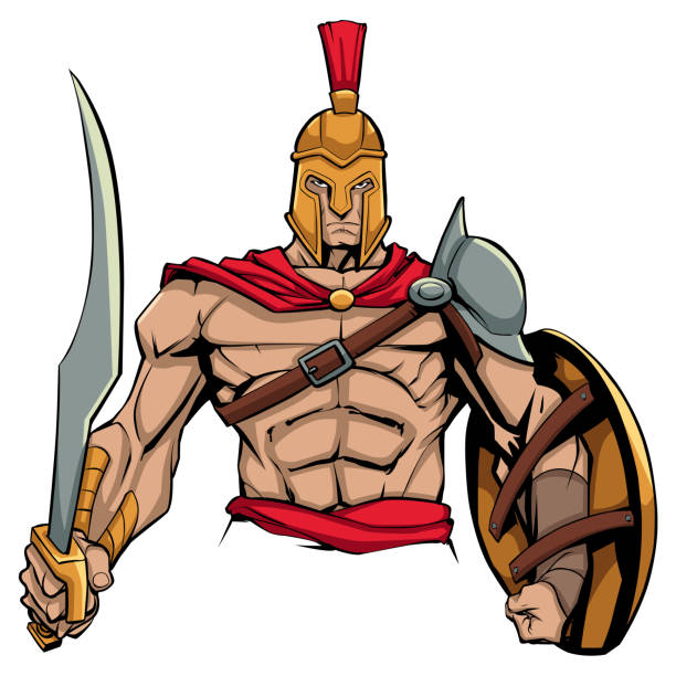 Spartan Warrior Illustration of Spartan warrior holding sword and shield, ready for battle. images of ares god of war stock illustrations