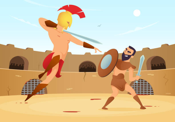 Spartan warriors fighting in gladiators arena Spartan warriors fighting in gladiators arena. Vector gladiator with shield and roman man on arena illustration cartoon of a stadium crowd stock illustrations
