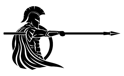 Spartan with spear and shield on white background.