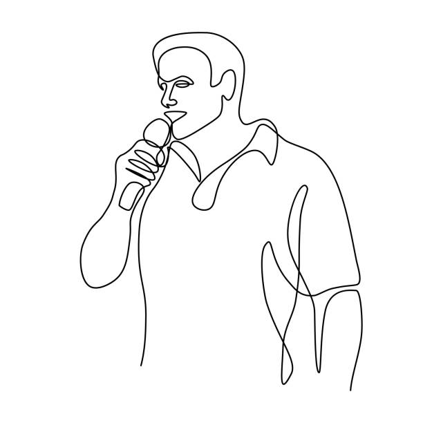 Speaker Speaker in continuous line art drawing style. Handsome man talking into the microphone. Black linear sketch isolated on white background. Vector illustration presentation speech drawings stock illustrations