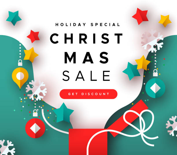 ilustraciones, imágenes clip art, dibujos animados e iconos de stock de plantilla especial de venta de navidad papercut regalo abierto - christmas present