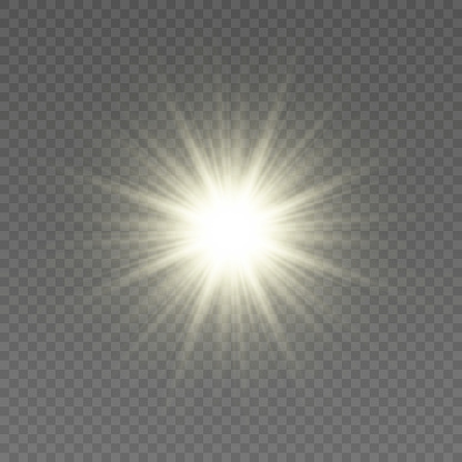 Special design of sunlight or light effect. Star, sun or spotlight beams. Light background. Bright flash. Decor element. Illustration for decorating. Isolated transparent background.