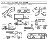 Special machinery collection. Airport ground support service vector icon set isolated on white. Illustration