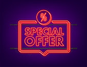 Special Offer neon style red colored. Discount neon label. Vector stock illustration.