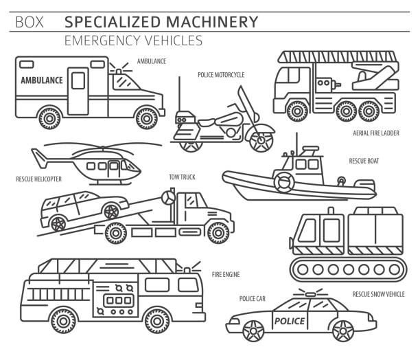 Specialized machines, emergency vehicles linear vector icon set isolated on white Specialized machines, emergency vehicles linear vector icon set isolated on white. Illustration tow truck police stock illustrations