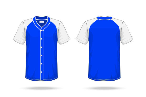 Specification Baseball T Shirt Blue white Mockup isolated on white background , Blank space on the shirt for the design and placing elements or text on the shirt , blank for printing , illustration  baseball uniform stock illustrations