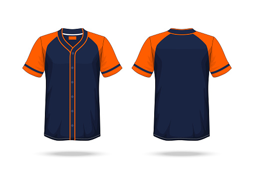 Specification Baseball T Shirt Dark Blue orange Mockup isolated white background , Blank space on the shirt for the design and placing elements or text on the shirt , blank for printing , illustration