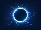 Spectacular electricity thunder shining spark and lightning surround blue electric ball. Power bright energy plasma sphere surrounded electrical lightnings storm isolated vector background realism