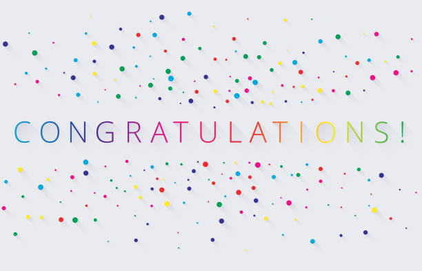 Spectrum congratulations lettering on white background. Spectrum congratulations lettering with colorful confetti or painted dots on white background. Greeting card or poster template. Vector paper illustration. congratulations stock illustrations