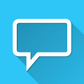 White icon of "Speech bubble" in a flat design style isolated on a blue background and with a long shadow effect. Vector Illustration (EPS10, well layered and grouped). Easy to edit, manipulate, resize or colorize. Vector and Jpeg file of different sizes.